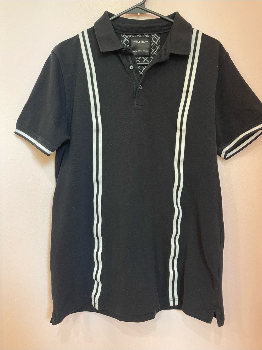 Denim & Flower Black Polo with White Vertical Stripes